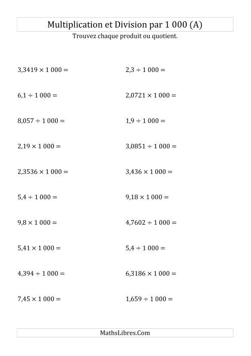 Multiplication et division de nombres décimaux par 1000 (A)