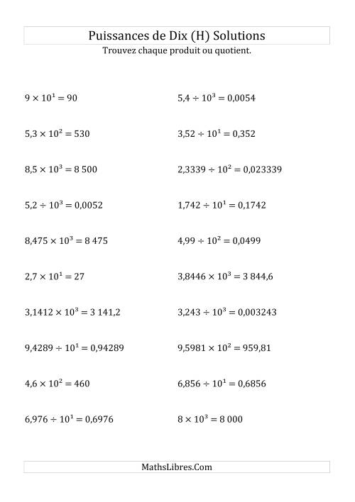 Multiplication et division de nombres décimaux par puissances positives de dix (forme décimale) (H) page 2