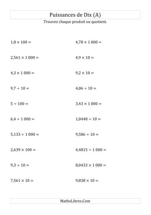 Multiplication et division de nombres décimaux par puissances positives de dix (forme standard) (A)