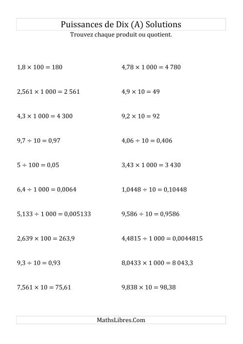 Multiplication et division de nombres décimaux par puissances positives de dix (forme standard) (A) page 2