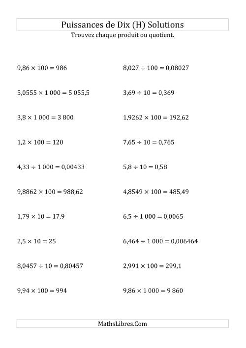 Multiplication et division de nombres décimaux par puissances positives de dix (forme standard) (H) page 2
