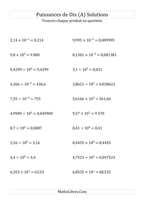 Multiplication et division de nombres décimaux par puissances de dix (forme décimale) (A) page 2