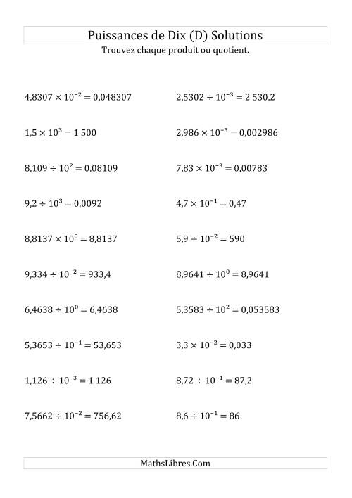 Multiplication et division de nombres décimaux par puissances de dix (forme décimale) (D) page 2