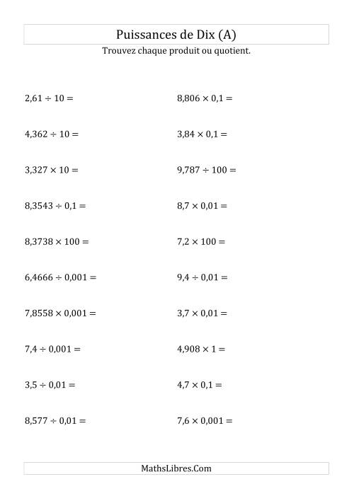 Multiplication et division de nombres décimaux par puissances de dix (forme standard) (A)