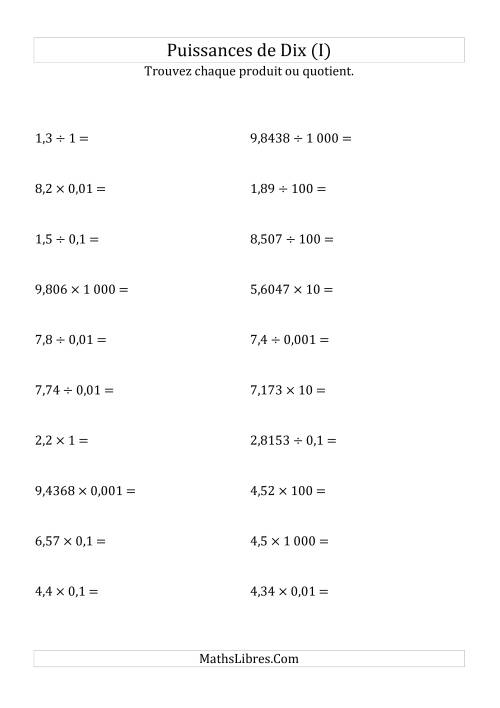 Multiplication et division de nombres décimaux par puissances de dix (forme standard) (I)