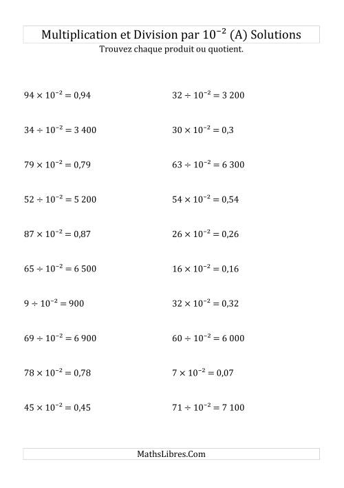 Multiplication et division de nombres entiers par 10<sup>-2</sup> (A) page 2