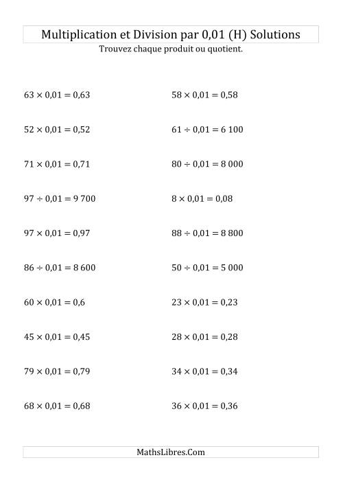 Multiplication et division de nombres entiers par 0,01 (H) page 2