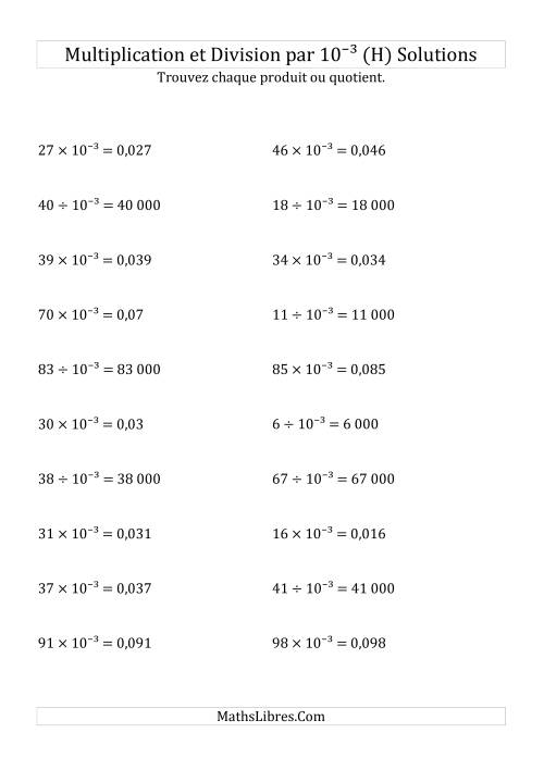 Multiplication et division de nombres entiers par 10<sup>-3</sup> (H) page 2