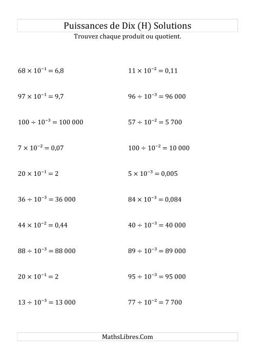 Multiplication et division de nombres entiers par puissances négatives de dix (forme exposant) (H) page 2