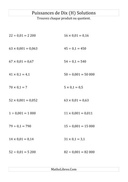 Multiplication et division de nombres entiers par puissances négatives de dix (forme standard) (H) page 2