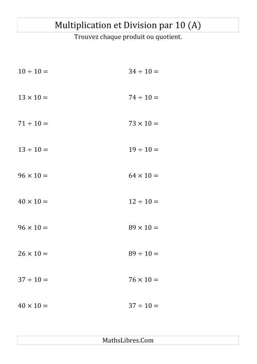 Multiplication et division de nombres entiers par 10 (A)