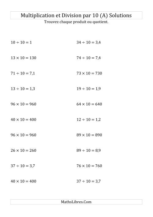Multiplication et division de nombres entiers par 10 (A) page 2
