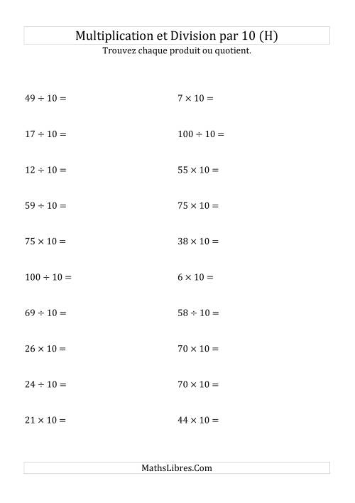 Multiplication et division de nombres entiers par 10 (H)