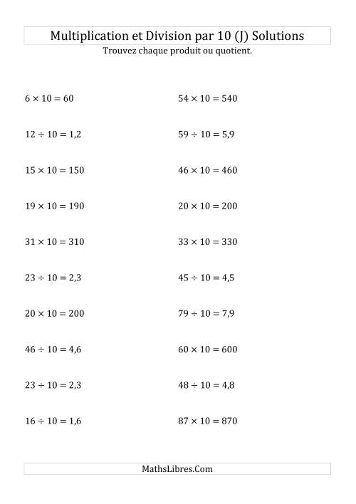 Multiplication et division de nombres entiers par 10 (J) page 2