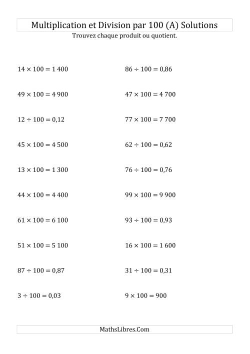 Multiplication et division de nombres entiers par 100 (A) page 2