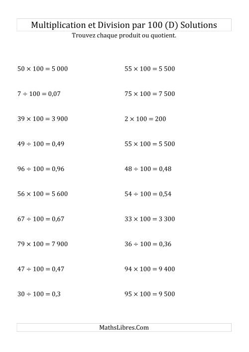 Multiplication et division de nombres entiers par 100 (D) page 2