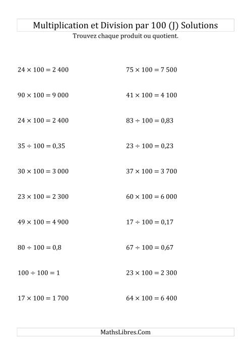 Multiplication et division de nombres entiers par 100 (J) page 2