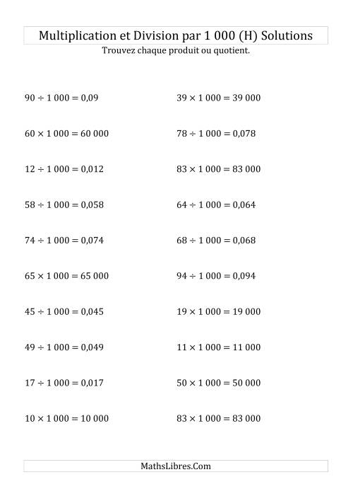 Multiplication et division de nombres entiers par 1000 (H) page 2
