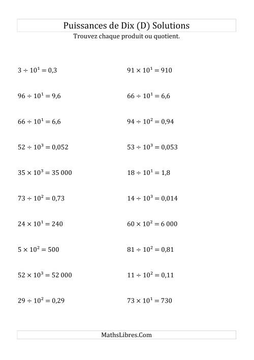 Multiplication et division de nombres entiers par puissances positives de dix (forme exposant) (D) page 2
