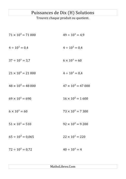 Multiplication et division de nombres entiers par puissances positives de dix (forme exposant) (H) page 2