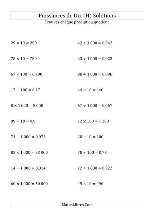Multiplication et division de nombres entiers par puissances positives de dix (forme standard) (H) page 2