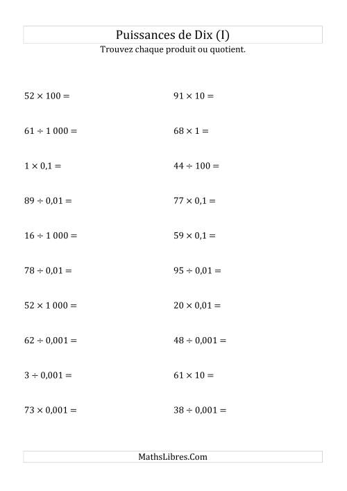 Multiplication et division de nombres entiers par puissances de dix (forme standard) (I)