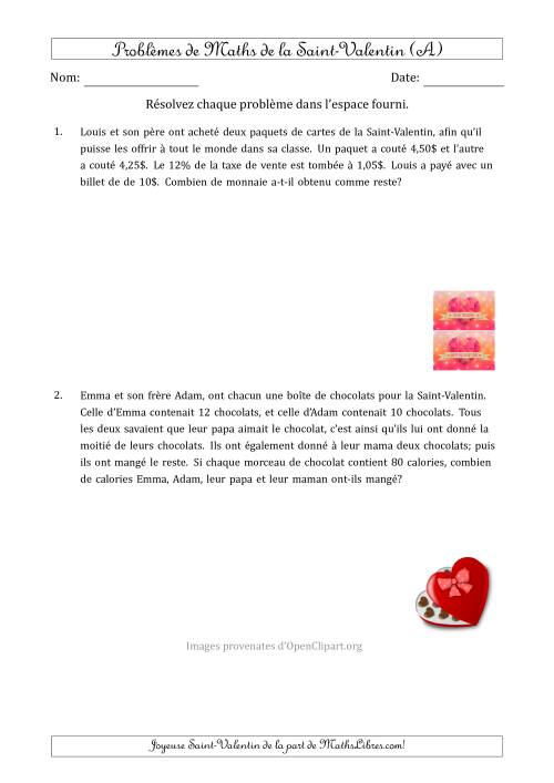 Problèmes de Mathématiques de la Saint-Valentin (avec Plusieurs Étapes) (A)