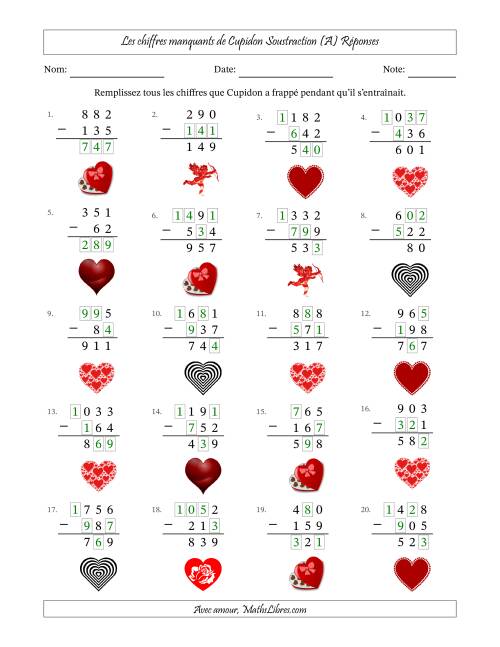Les chiffres manquants de Cupidon, Soustraction (Version Plus Facile) (A) page 2