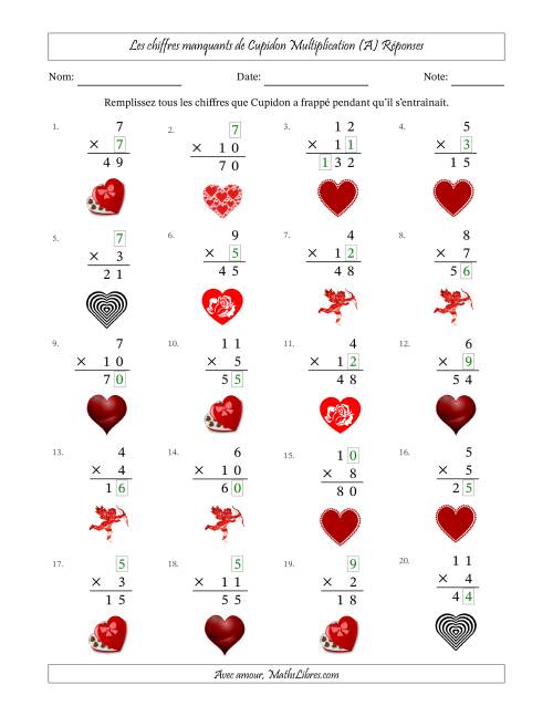 Les chiffres manquants de Cupidon, Multiplication (Version Plus Facile) (A) page 2