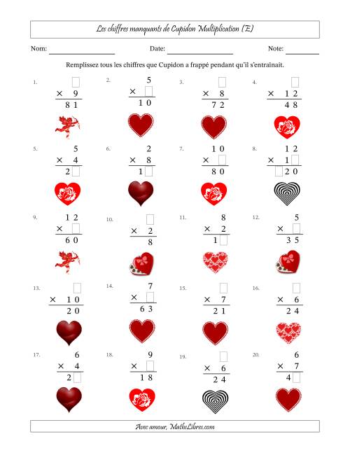 Les chiffres manquants de Cupidon, Multiplication (Version Plus Facile) (E)