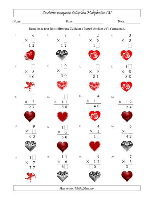 Les chiffres manquants de Cupidon, Multiplication (Version Plus Facile) (G)