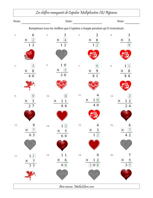 Les chiffres manquants de Cupidon, Multiplication (Version Plus Facile) (G) page 2