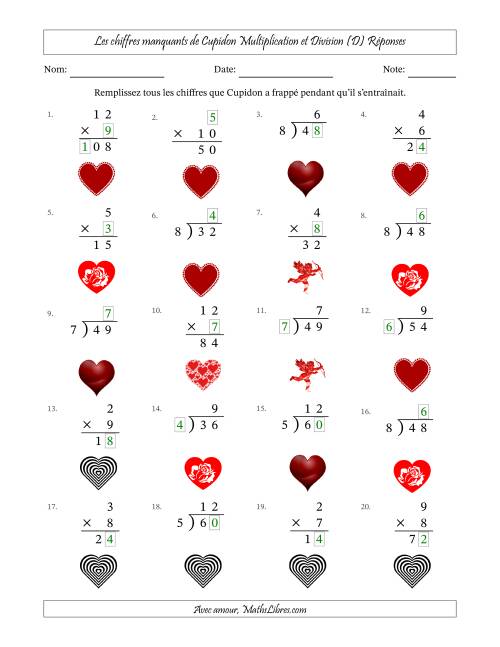 Les chiffres manquants de Cupidon, Multiplication et Division (Version Plus Facile) (D) page 2