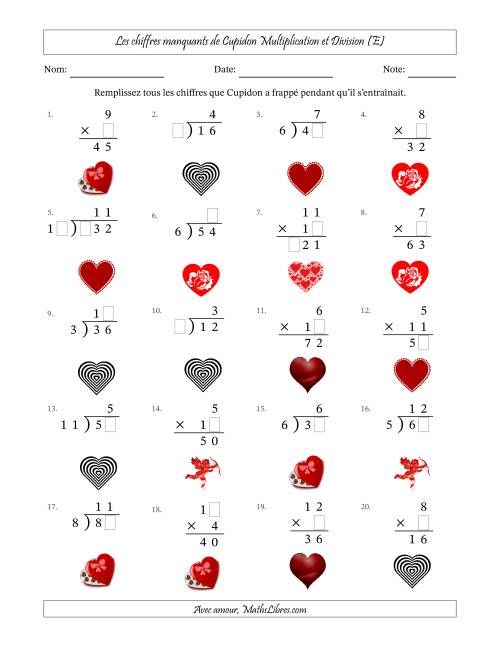 Les chiffres manquants de Cupidon, Multiplication et Division (Version Plus Facile) (E)