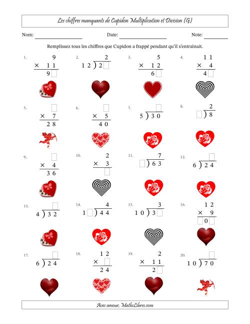 Les chiffres manquants de Cupidon, Multiplication et Division (Version Plus Facile) (G)