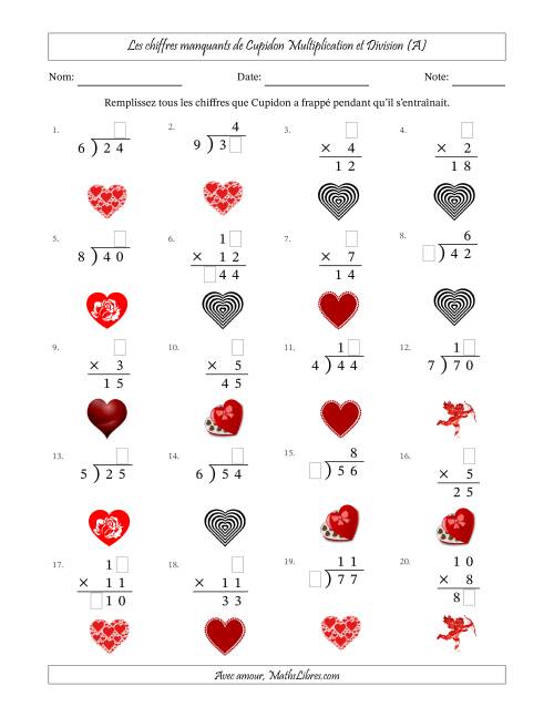 Les chiffres manquants de Cupidon, Multiplication et Division (Version Plus Facile) (Tout)