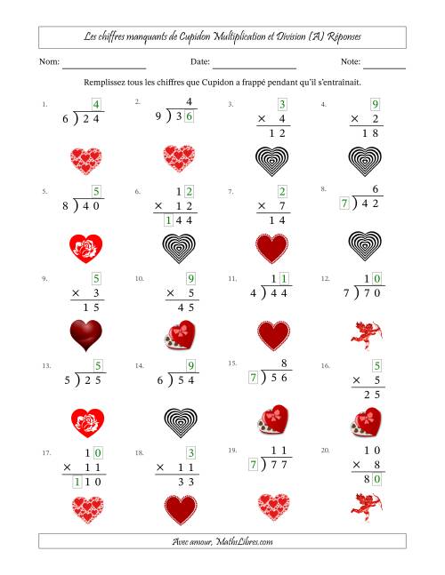 Les chiffres manquants de Cupidon, Multiplication et Division (Version Plus Facile) (Tout) page 2