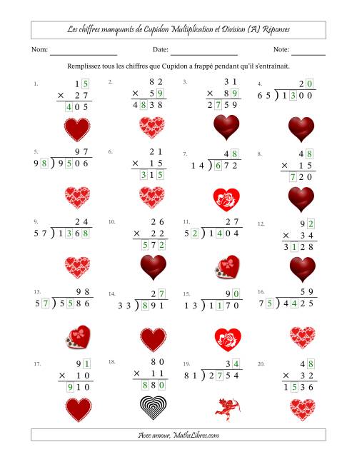 Les chiffres manquants de Cupidon, Multiplication et Division (Version Plus Difficile) (A) page 2