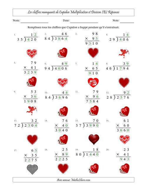 Les chiffres manquants de Cupidon, Multiplication et Division (Version Plus Difficile) (B) page 2