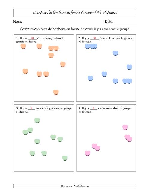 Compter des bonbons en forme de cœurs en dispositions éparpillées (Version plus facile, dispositions éparpillées de 3 à 10 articles) (A) page 2