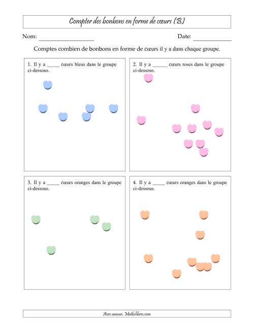 Compter des bonbons en forme de cœurs en dispositions éparpillées (Version plus facile, dispositions éparpillées de 3 à 10 articles) (B)