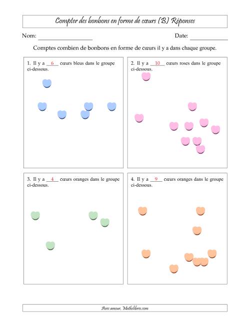 Compter des bonbons en forme de cœurs en dispositions éparpillées (Version plus facile, dispositions éparpillées de 3 à 10 articles) (B) page 2
