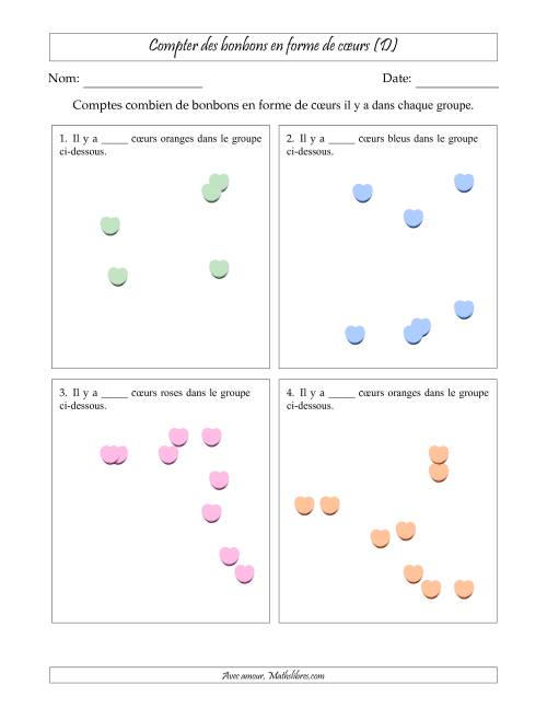 Compter des bonbons en forme de cœurs en dispositions éparpillées (Version plus facile, dispositions éparpillées de 3 à 10 articles) (D)