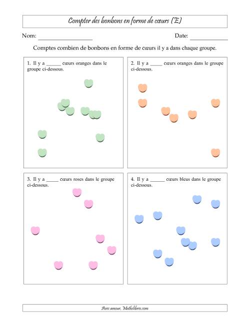 Compter des bonbons en forme de cœurs en dispositions éparpillées (Version plus facile, dispositions éparpillées de 3 à 10 articles) (E)