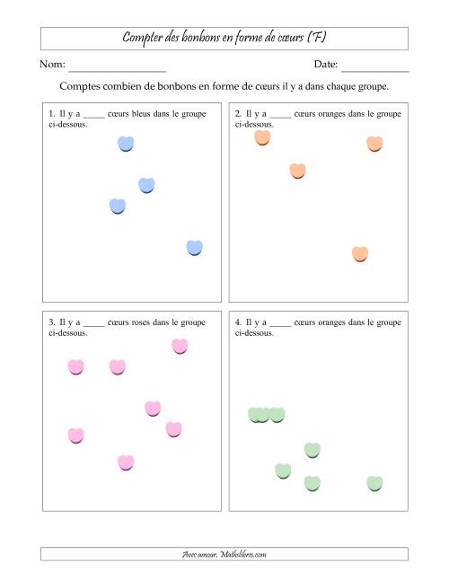Compter des bonbons en forme de cœurs en dispositions éparpillées (Version plus facile, dispositions éparpillées de 3 à 10 articles) (F)
