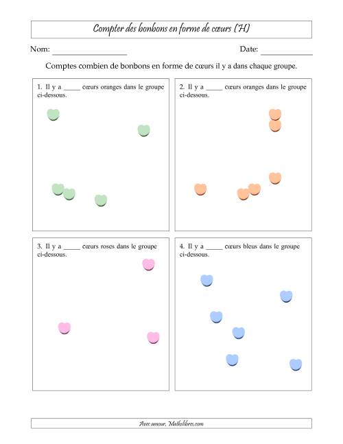 Compter des bonbons en forme de cœurs en dispositions éparpillées (Version plus facile, dispositions éparpillées de 3 à 10 articles) (H)