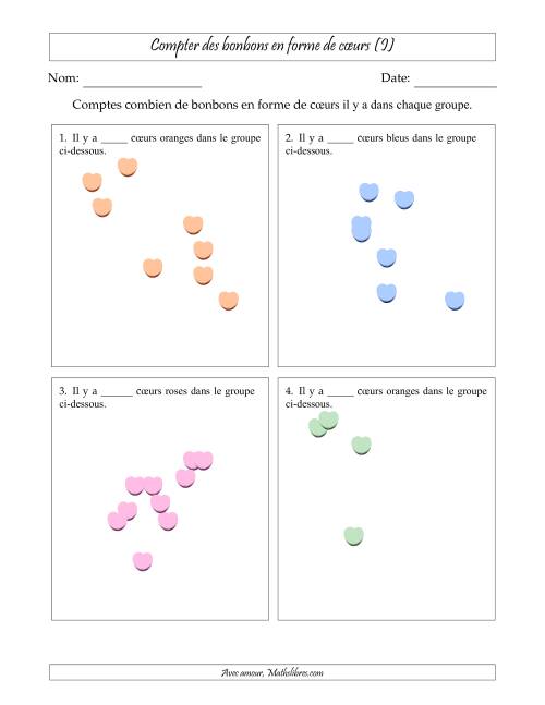 Compter des bonbons en forme de cœurs en dispositions éparpillées (Version plus facile, dispositions éparpillées de 3 à 10 articles) (I)