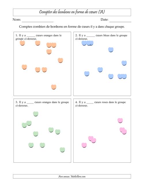 Compter des bonbons en forme de cœurs en dispositions éparpillées (Version plus facile, dispositions éparpillées de 3 à 10 articles) (Tout)