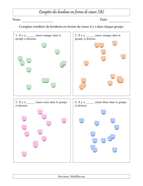 Compter des bonbons en forme de cœurs en dispositions éparpillées (Version plus difficile, dispositions éparpillées de 11 à 20 articles) (A)
