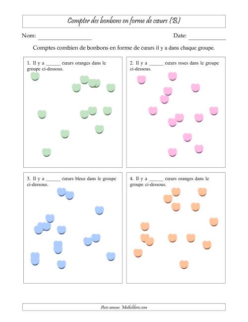 Compter des bonbons en forme de cœurs en dispositions éparpillées (Version plus difficile, dispositions éparpillées de 11 à 20 articles) (B)